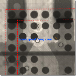 BGA錫球尺寸小于0.4mm，采用降低BGA內圍襲球的錫膏量所得到X-Ray，稍微留意一下可以發現最外圈的錫量(圓的直徑)比其他內圍的錫球上的錫量來得多一點點。也就是外圈的黑色圓形直徑比內圈的圓形來得大一點點。