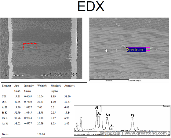 ACF(Conductive Anodic Filament，導墊性細絲物，陽極性玻璃纖維絲漏電現象)。用EDX打出來Au(金)的元素介于通孔與盲孔之間第一個位置。