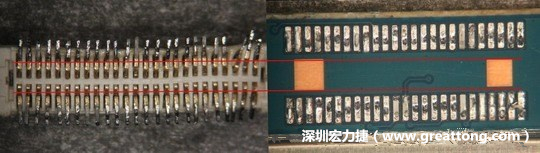 把板對板連接器與其電路板的佈線焊墊作一個比較，端子的切斷面有毛邊的地方剛好對到了裸銅區。