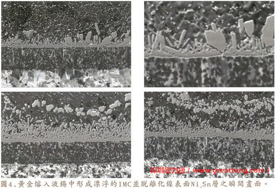 下面四張圖片為放大4500倍的SEM圖像，說明在回流焊爐熱量不足的情況下，黃金成份正要從鎳層分離融入焊錫之中的瞬間，當零件遭受外力沖擊的時候就極有可能從這一整排AuSn、、AuSn2或AuSn4的IMC處裂開。