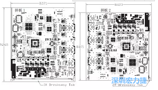 如圖7所示是使用不同數量邊條的拼板，拼板1僅使用了一個邊條，直接利用PCB另一邊作為SMT工藝傳送邊，并且PCB圖形中有合適的安裝孔；而拼板2則是按常規設計了兩個邊條。拼板方式為連接筋。圖中“Breakaway Tab”指邊條-深圳宏力捷