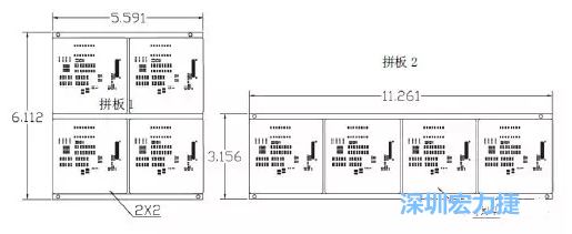 如圖9所示在兩種拼板中PCB單元的排列方式不同。拼板方式是V-CUT。這兩種拼板尺寸有明顯的的差異，將導致各自所需的生產拼板尺寸改變-深圳宏力捷