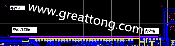 PCB設計時單面板的轉角都需為圓角，R1.0mm或R2.0mm為宜。