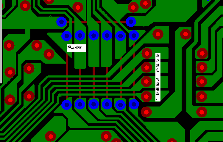 PCB設計焊點過密，易造成波峰連焊，焊點間漏電