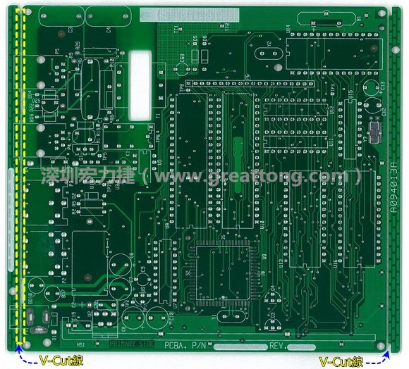 所謂【V-cut】是印刷電路板(PCB)廠商依據客戶的圖紙要求，事先在PCB的特定位置用轉盤刀具切割好的一條條分割線，其目的是為了方便后續SMT電路板組裝完成后的「分板(De-panel)」之用，因為其切割后的外型看起來就像個英文的【V】字型，因此得名。