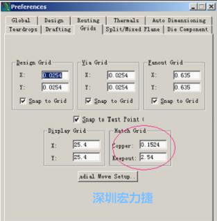  改銅皮的填充網格Global→Design Units，填充方向Drafting→Direction；Hatch Grid中Copper此數值為大銅箔中所填充的線條中心到中心的距離。