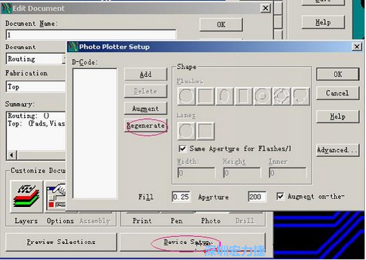 當Gerber和鉆孔都設置完后，選擇一貼片元件較多的層（一般為Top層），點擊Device SetupPhoto，將 Plotter Setup窗口D-Code欄原有的D碼刪除并按Regenerate重新生成
