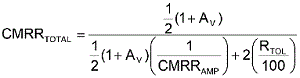 方程式1是從理想運算放大器的CMRR等式中匯出，其中CMRRAMP被假定為非常大(無窮大)。