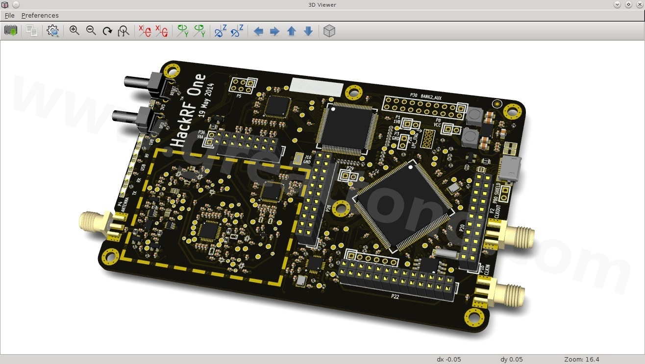 經KiCad軟體3D功能渲染過的HackRF One電路板。