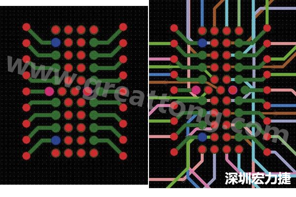 圖7：焊盤內過孔用于內部，而外部接腳在0.5mm閘格上扇出。圖7a顯示的是頂層(左)；圖7b顯示頂層和內部布線層(右)。