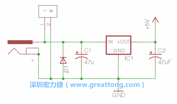 2.5.    新增一個二極體，它會以水平的狀態出現在屏幕上，請使用「旋轉（Rotate）」工具把它負極那一面朝上，并且用「網絡連接」工具將它連接在電壓調整器的輸入端和接地端之間。