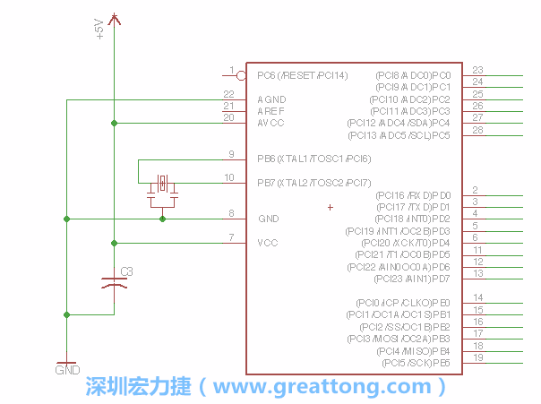 3.2.    在靠近ATmega的電源供應針腳7的位置放置一個0.1μF的電容，將它分別連接電源、接地端和針腳7。