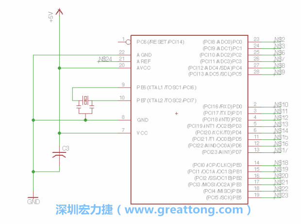 3.3.    將共鳴器（resonator）放置在針腳9和針腳10附近，將它的三個針腳連接如圖所示，并確認最中間的針腳有連到接地端。