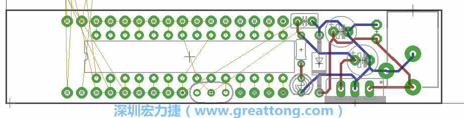 將ATmega微控制器、三個GPIO排針（JP2, JP3, JP4）和諧振器（resonator）排置如上圖所示。