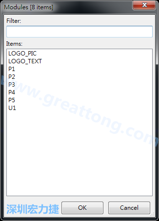 從目前正在編輯的PCB載入Module， 會顯示有那些項目可載入。點選一個， OK后即完成載入