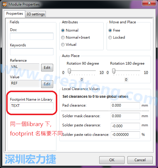 也可以取出active library 中的某一個footprint 拿來修改再存回或者重新另存一個新的footprint， 但這個新的footprint 要取別的名字， 因為在同一個Library檔，每一個footprint 都有自己唯一命名。