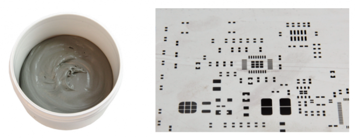 焊膏（左），PCB模板激光切割孔（右）